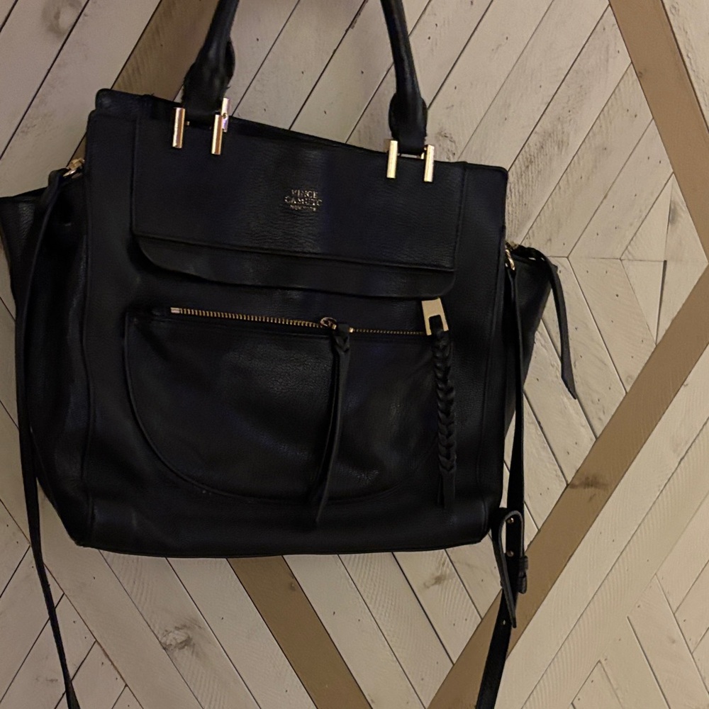 Vince Camuto Black Leather Tote with Front Zip Pocket
